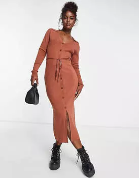 Коричневое трикотажное платье миди с открытым воротником и завязкой на талии ASOS DESIGN