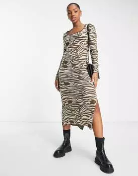 Коричневое трикотажное платье миди с узором под зебру ASOS DESIGN