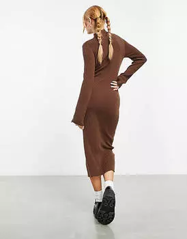 Коричневое трикотажное платье миди с высоким воротником ASOS DESIGN