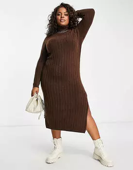 Коричневое трикотажное платье миди с высоким воротником ASOS DESIGN Curve