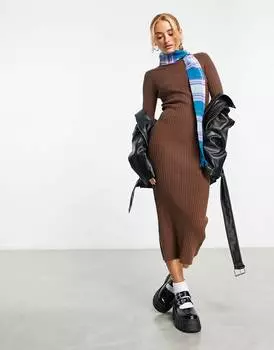 Коричневое трикотажное платье миди с высоким вырезом ASOS DESIGN