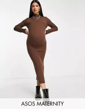Коричневое трикотажное платье миди с высоким вырезом ASOS DESIGN Maternity