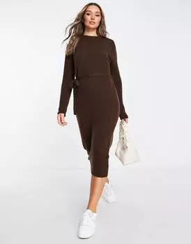 Коричневое трикотажное платье миди с завязками на талии ASOS DESIGN