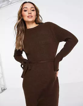 Коричневое трикотажное платье миди с завязкой на талии ASOS DESIGN