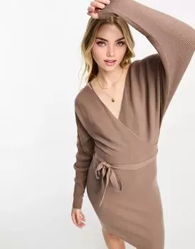 Коричневое трикотажное платье мини с длинными рукавами и поясом Vero Moda