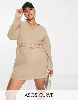 Коричневое трикотажное платье мини с поясом ASOS DESIGN Curve