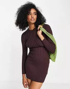 Коричневое трикотажное платье мини в рубчик ASOS DESIGN