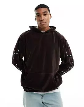 Коричневое велюровое худи оверсайз с вышивкой на рукавах ASOS DESIGN