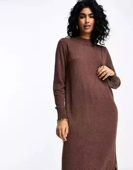Коричневое вязаное платье-свитер миди с высоким воротником Vila