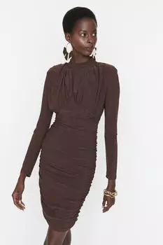 Коричневое вязаное вечернее платье с драпировкой Trendyol, коричневый