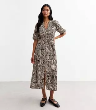 Коричневое жатое платье-миди с абстрактным принтом New Look, коричневый