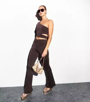 Коричневые брюки-клеш со рюшами New Look, темно-коричневый