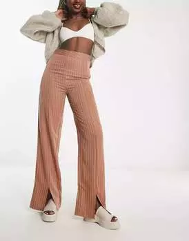 Коричневые брюки с широкими штанинами в тонкую полоску и разрезом спереди Heartbreak