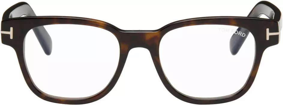 Коричневые и черные квадратные синие очки TOM FORD, Shiny dark Havana