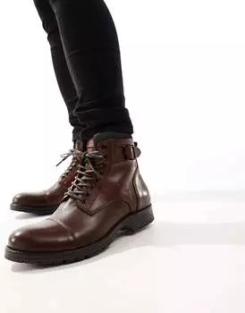 Коричневые кожаные ботинки на шнуровке с пряжкой Jack & Jones