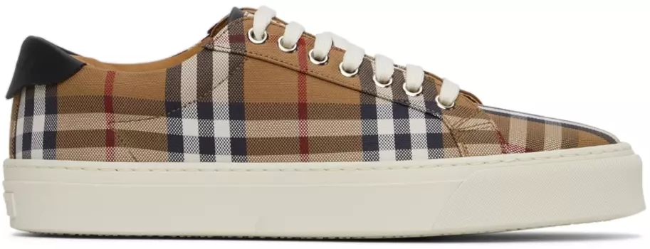 Коричневые кроссовки из парусины и телячьей кожи в клетку Burberry