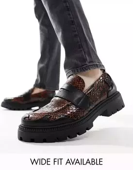 Коричневые лоферы из искусственной кожи со змеиным принтом ASOS