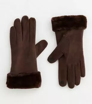 Коричневые перчатки из искусственного меха New Look, темно-коричневый