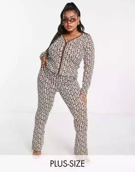 Коричневые расклешенные комбинезоны Simmi Plus с геопринтом Simmi Clothing