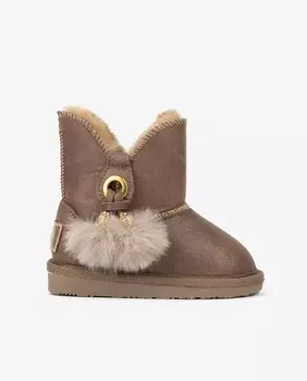 Коричневые сапожки для девочки в австралийском стиле с эффектом металлик и помпонами Conguitos, коричневый
