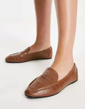 Коричневые туфли на плоской подошве под крокодила с квадратным носком RAID Elina