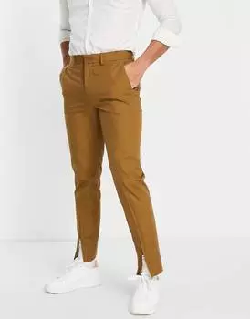 Коричневые узкие элегантные брюки с молнией спереди ASOS DESIGN