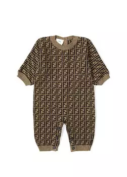 Коричневые жаккардовые детские комбинезоны унисекс с логотипом Fendi