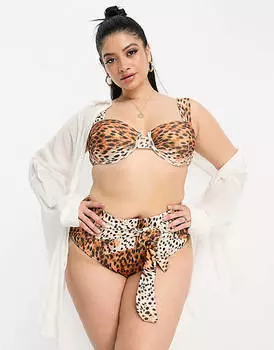 Коричневый бикини-топ-балконет с животным принтом River Island Plus
