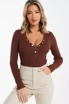 Коричневый боди с длинными рукавами и рубчатыми пуговицами QUIZ Clothing