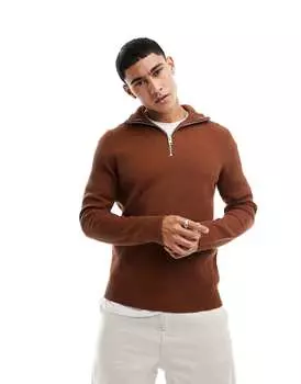 Коричневый джемпер в рубчик с полумолнией Jack & Jones Premium