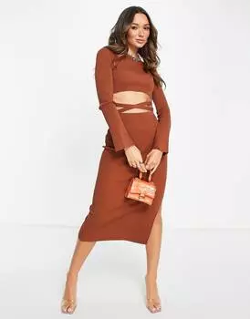Коричневый джемпер в рубчик с завязками на талии ASOS DESIGN