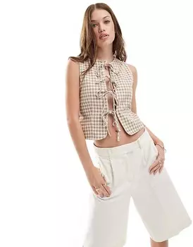Коричневый джинсовый топ в мелкую клетку с завязкой спереди ASOS DESIGN