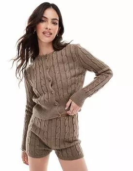 Коричневый кардиган с круглым вырезом косой вязки ASOS DESIGN, входит в комплект