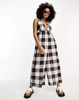 Коричневый клетчатый комбинезон с жатыми оборками ASOS DESIGN