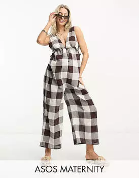 Коричневый клетчатый комбинезон с жатыми оборками ASOS DESIGN Maternity