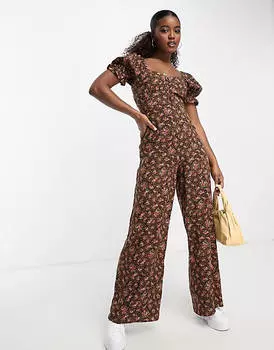 Коричневый комбинезон с широкими штанинами и завязками на спине Miss Selfridge