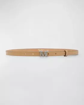 Коричневый кожаный узкий ремень с тиснением под крокодила Max Mara, цвет Camel