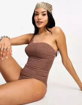 Коричневый купальник с пышной грудью на одно плечо Ivory Rose