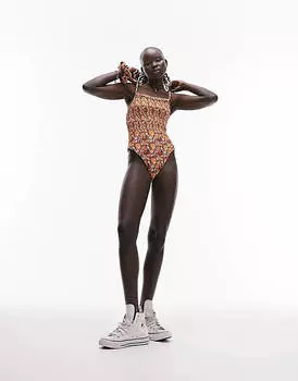 Коричневый купальник с завязками на плечах и сборками Topshop Petite