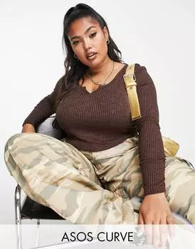 Коричневый меланжевый топ с длинными рукавами и вырезом в рубчик ASOS DESIGN Curve