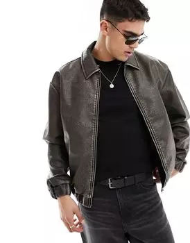 Коричневый оверсайз-бомбер из искусственной кожи с потертостями ASOS
