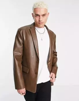 Коричневый пиджак из искусственной кожи ASOS