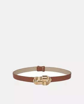 Коричневый поясной ремень с золотой пряжкой Pieces, коричневый