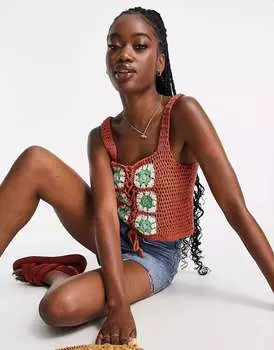 Коричневый праздничный топ крючком со шнуровкой спереди ASOS