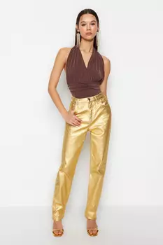 Коричневый приталенный боди со сборками Trendyol