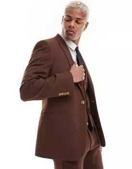 Коричневый приталенный пиджак из смесовой шерсти и плетеной ткани ASOS Wedding