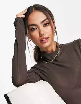 Коричневый прозрачный вязаный топ с высоким воротником NA-KD X Georgina Lennon