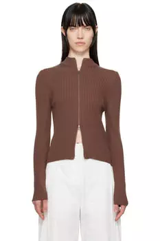 Коричневый ребристый кардиган с воротником-стойкой AMOMENTO