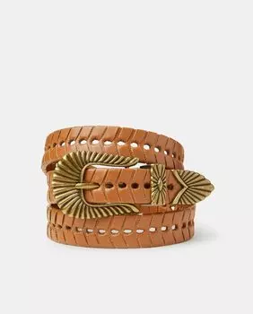 Коричневый ремень с вырезанной пряжкой и золотой пряжкой Jo & Mr. Joe, темно коричневый