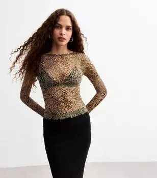 Коричневый сетчатый топ с анималистичным принтом и отделкой салата New Look, коричневый